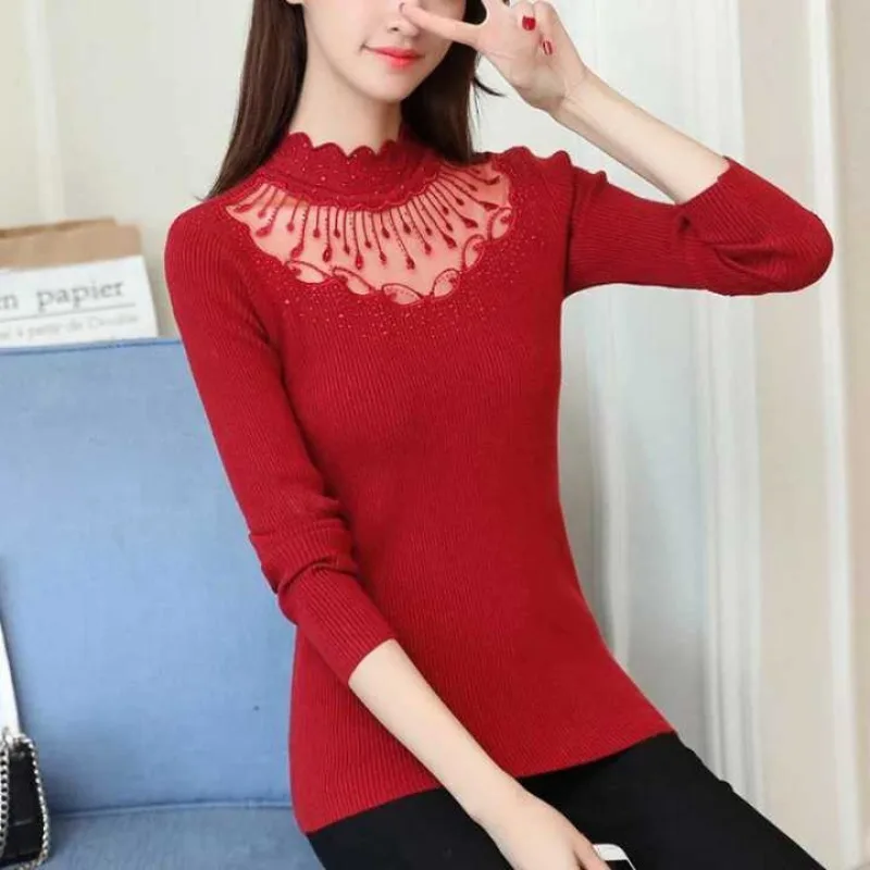 2023 Autumn and Winter Women\'s Half High Neck Knit with Lace and Diamond Slim Fit Casual Elegant Commuter Long Sleeve Sweater