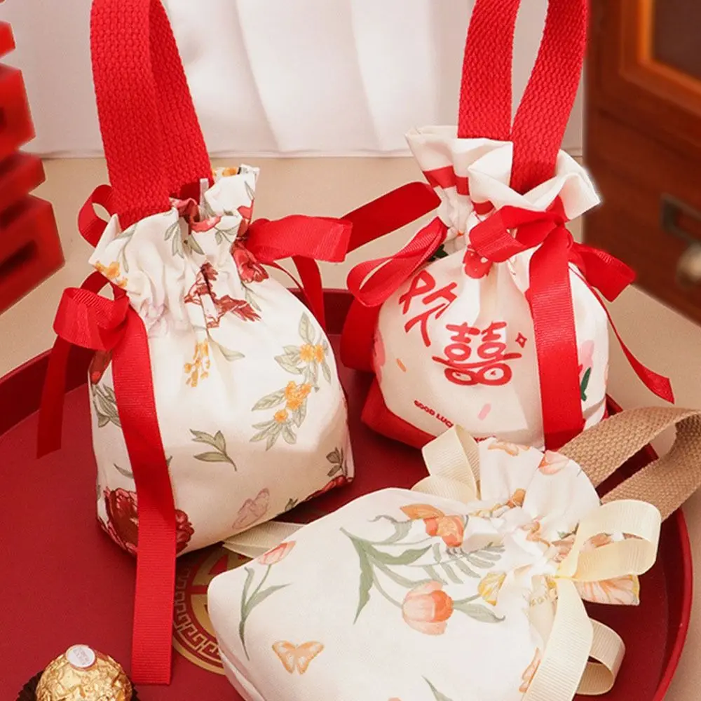 Retro Flower Handheld Candy Bags Portable Drawstring Bag Wedding Gifts Packing Bags Drawstring Candy Storage Bags