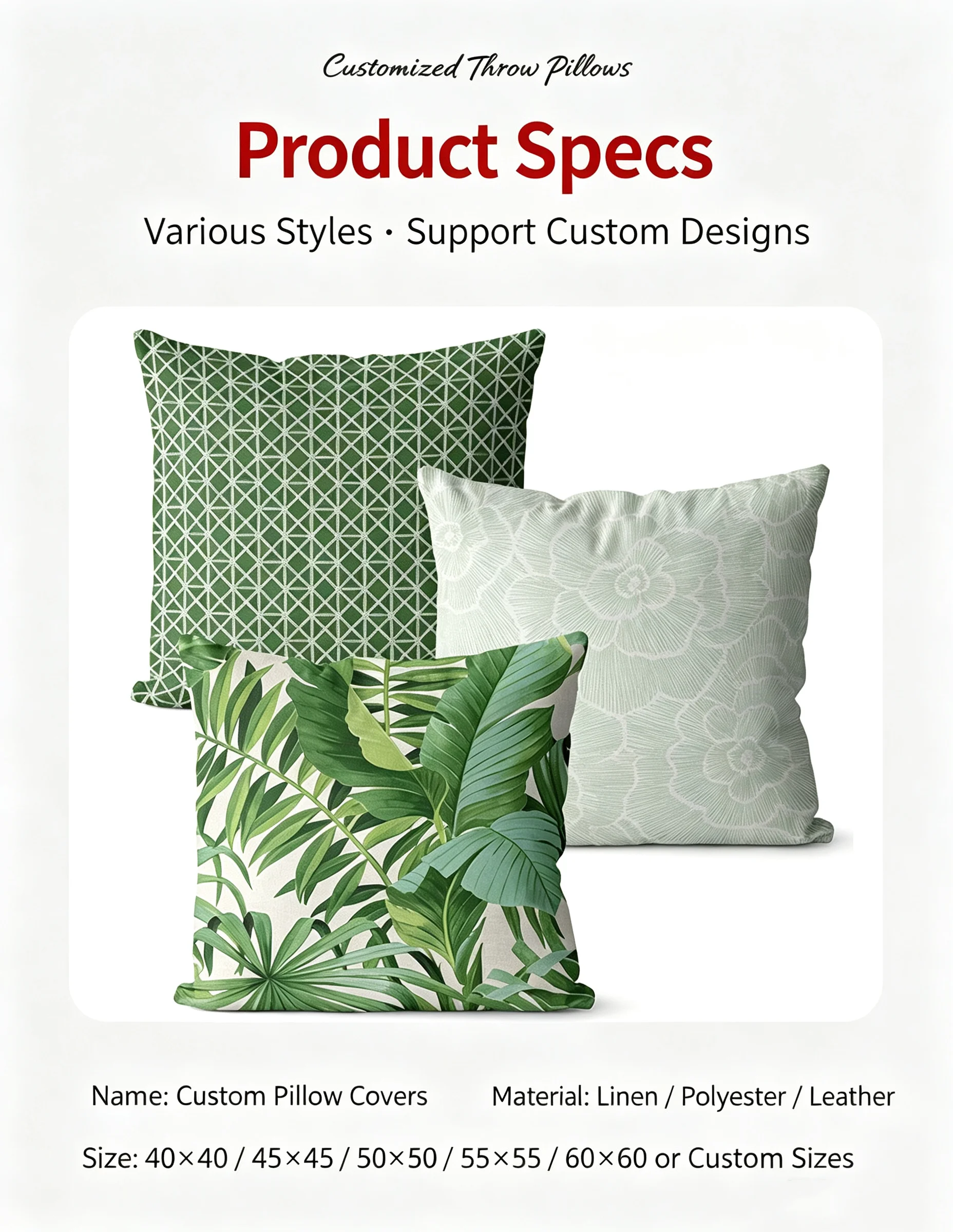 Nordic Green Plant Floral Printed Linen Throw Pillow Covers Simple Sofa Bed Car Decor Cushion Shells, No Pillow Insert