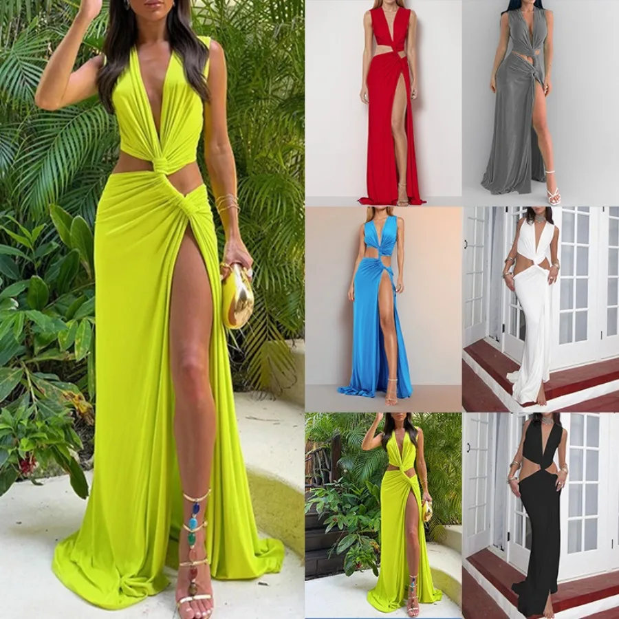 

【New style】2026 - women's clothing European and American spring new style solid color hollow knot split V-neck sexy dress