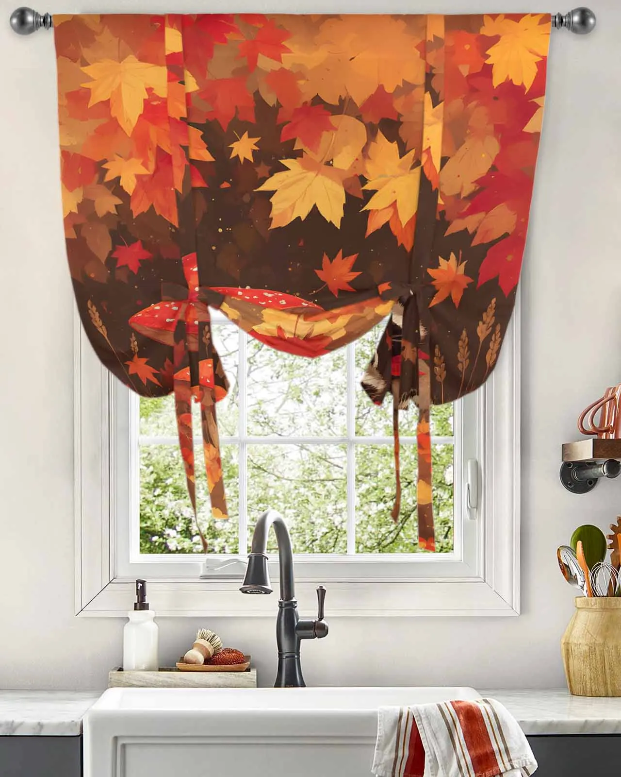 Autumn Maple Leaf Mushroom Raccoon Window Curtain for Living Room Home Decor Blinds Drapes Kitchen Tie-up Short Curtains