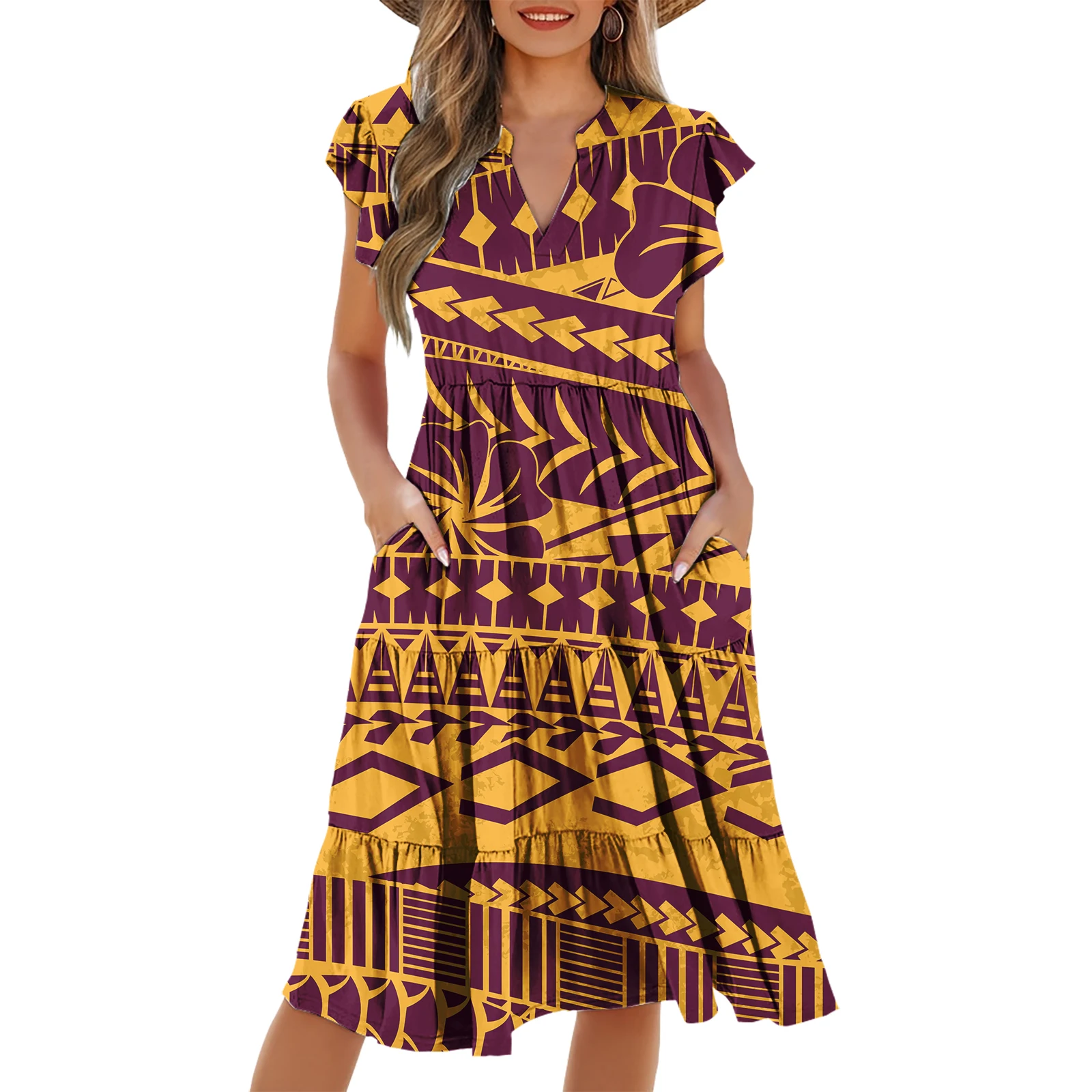 Casual dress flying sleeve female Pacific Islander dress female Polynesian Samoa tribal style  Puletasi dress