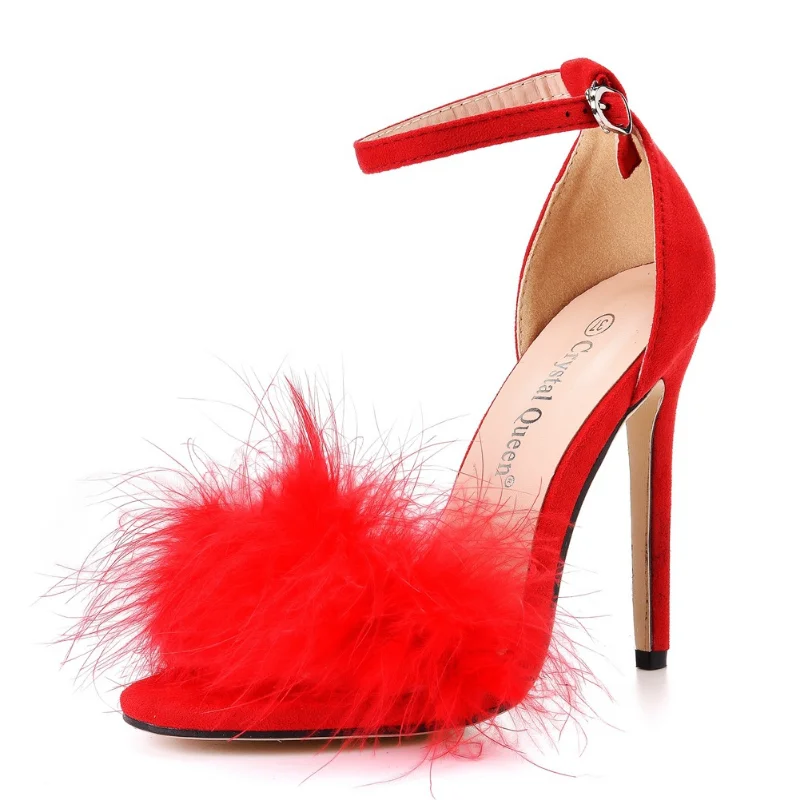 Sexy Feather High Heel Sandals Women\'s European  American Large 46 Fish Mouth High Heel Sandals Women Shallow Mouth Women\'s Shoe