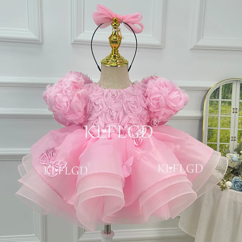 KLGFLD Luxurious and Elegant Girl's Pink Flower Dress, Beauty Pageant, Evening Dress, Baby's One Week Birthday, Laundry Dress