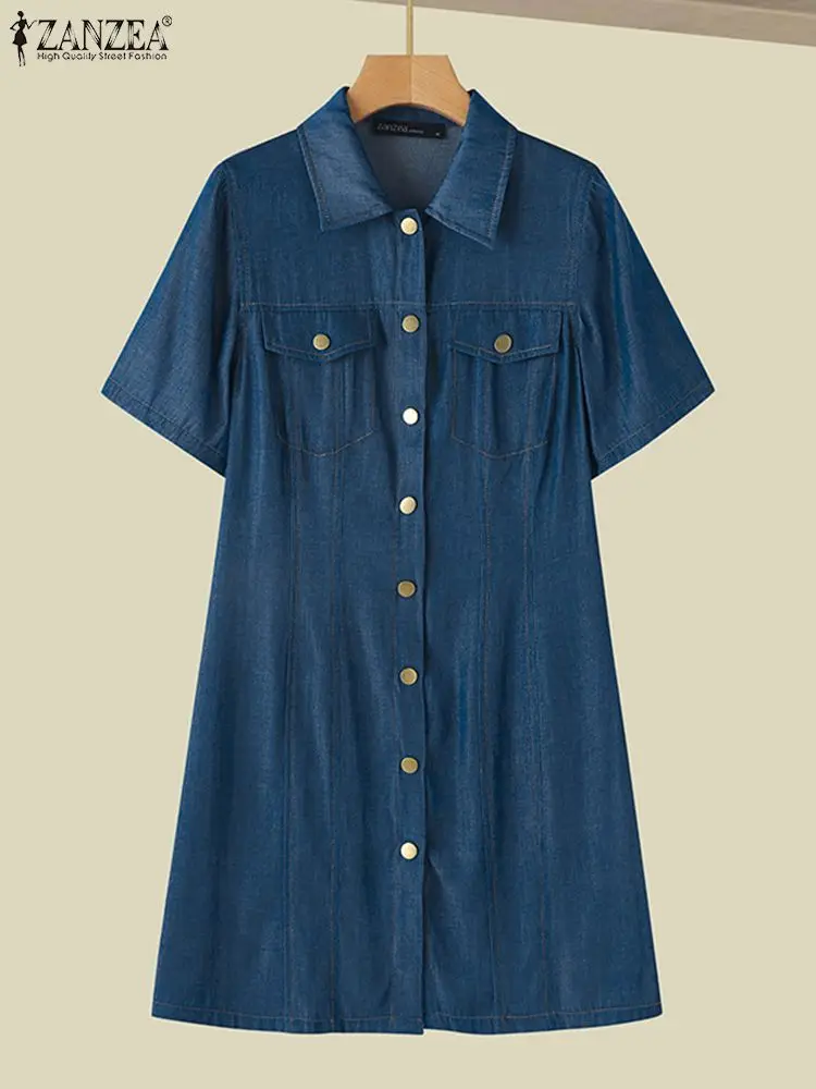 ZANZEA Fashion Short Sleeve A Line Dress Women Denim Shirt Dress 2024 Summer Buttons Waist Vestidos Vintage Lapel Neck Mini Robe