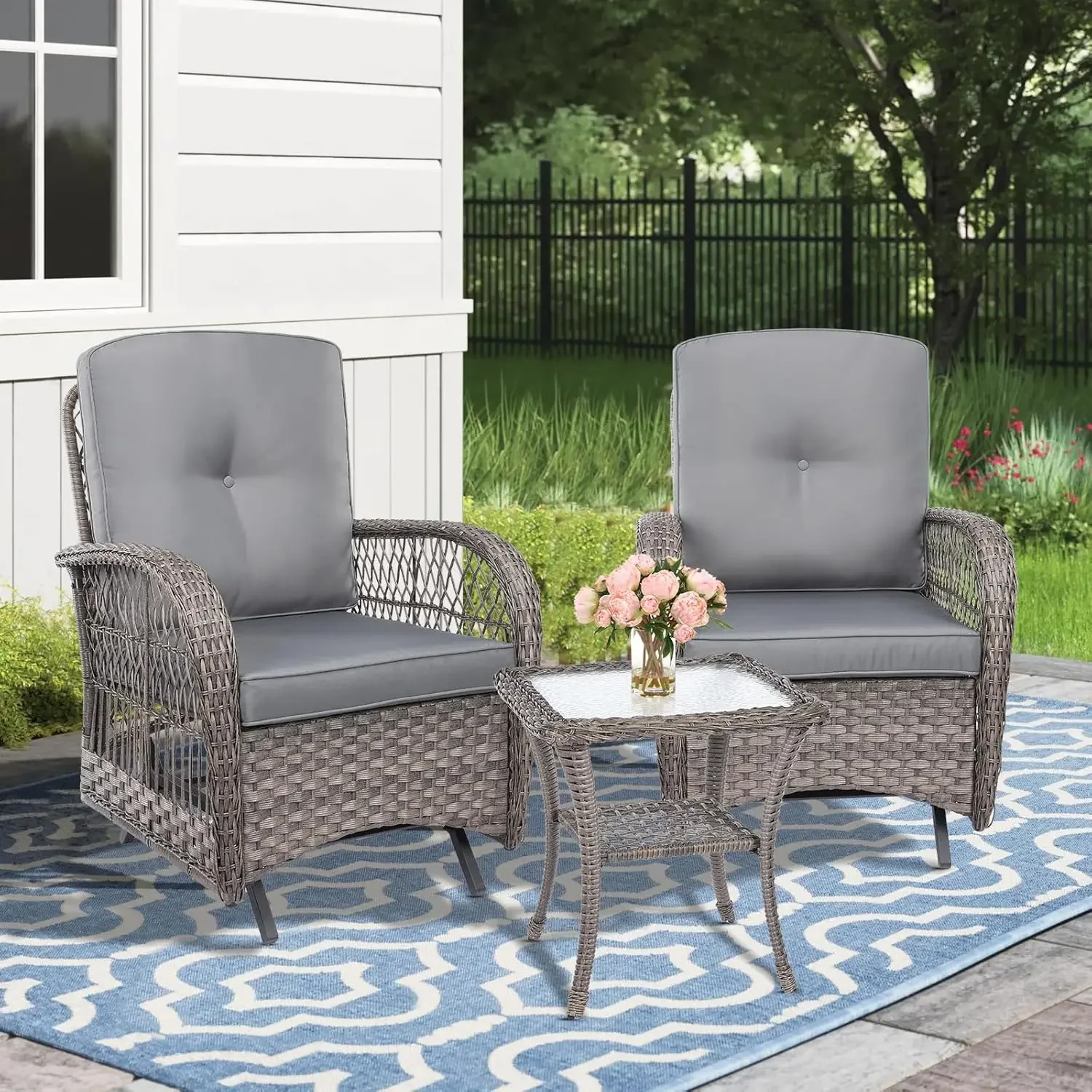 

3 Pieces Outdoor Patio Wicker Rocking Glider Set, Rocking Chairs Rattan Patio Furniture Sets with Glass-Top Coffee Table