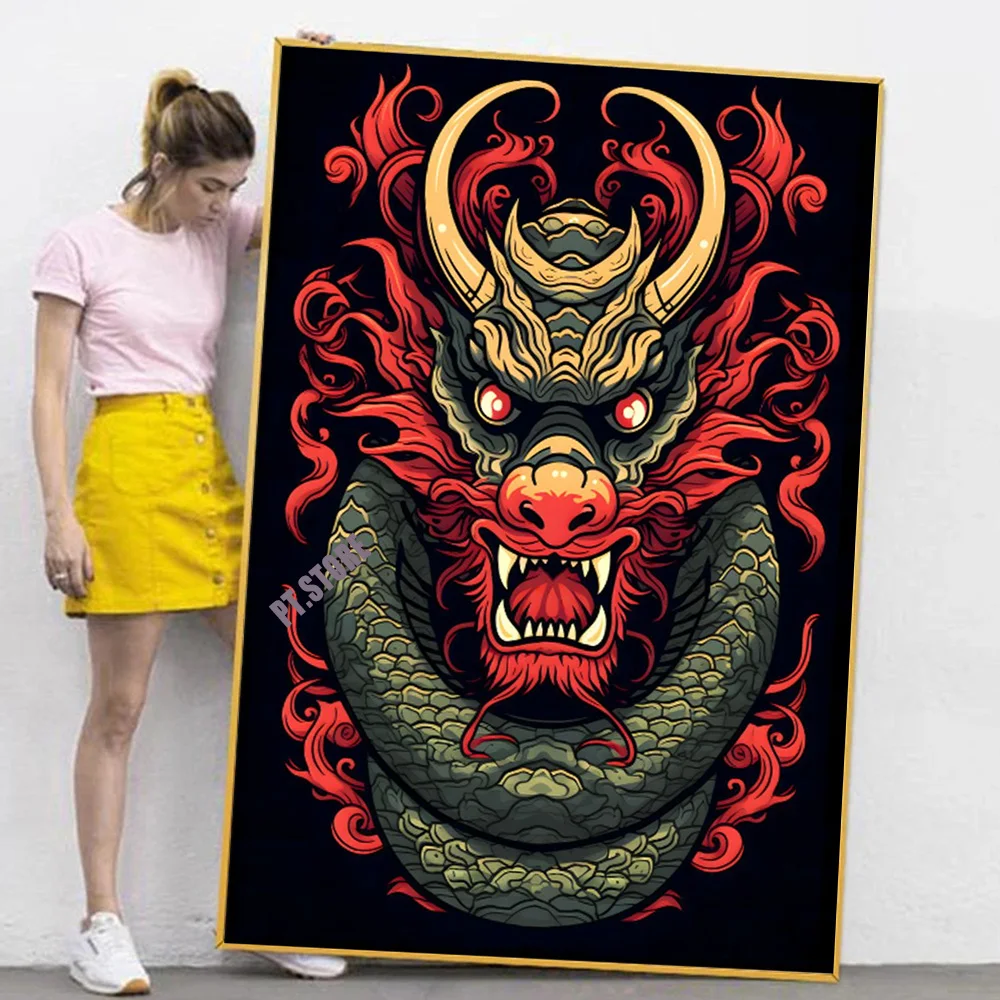 

Chinese Red Abstract Animal Canvas Painting Domineering Red Fire Dragon Art Posters Prints Living Room Corridor Decor Picture