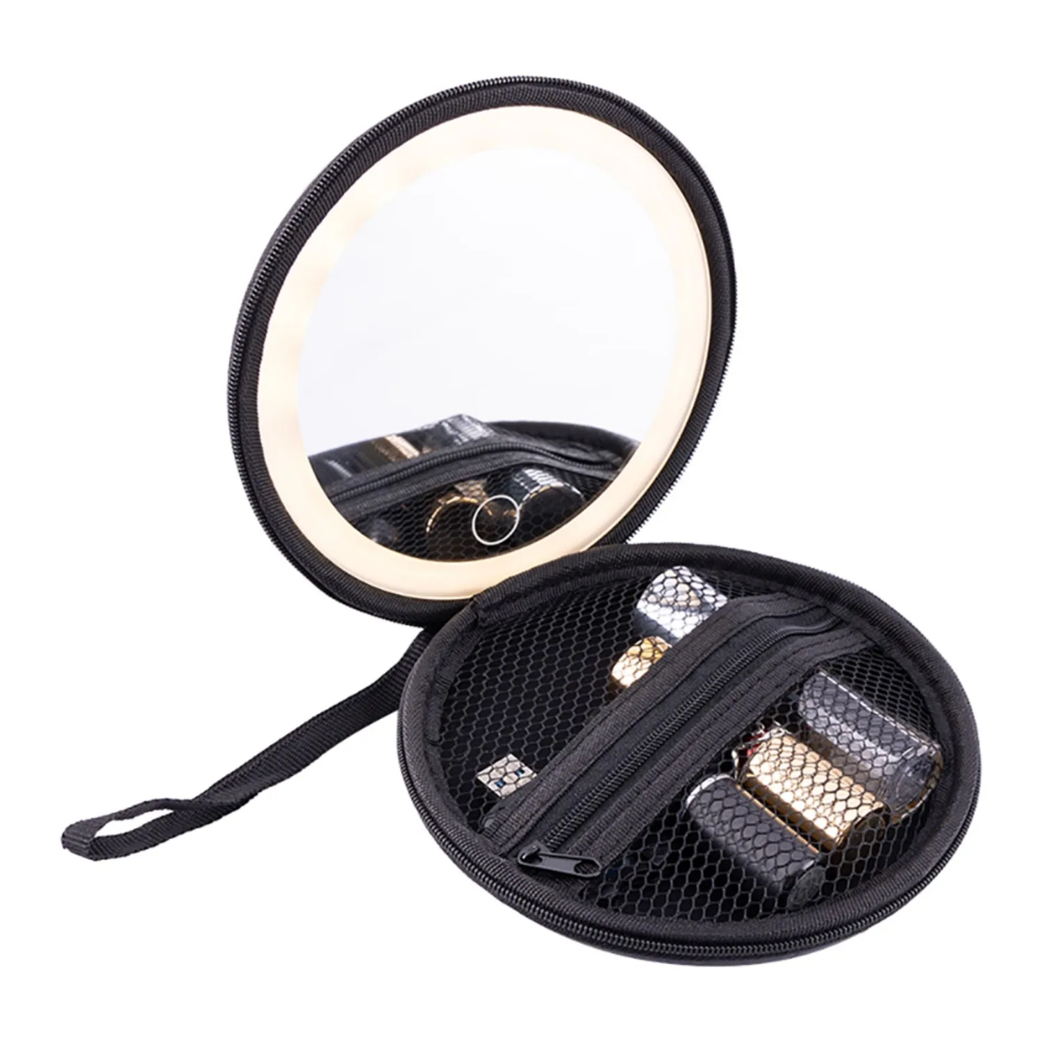 Tragbarer LED-Schminkspiegel für Frauen – Touch-Dimmung, PU-wasserdicht, integrierte Lippenstift-Aufbewahrung und Aufhängegurt