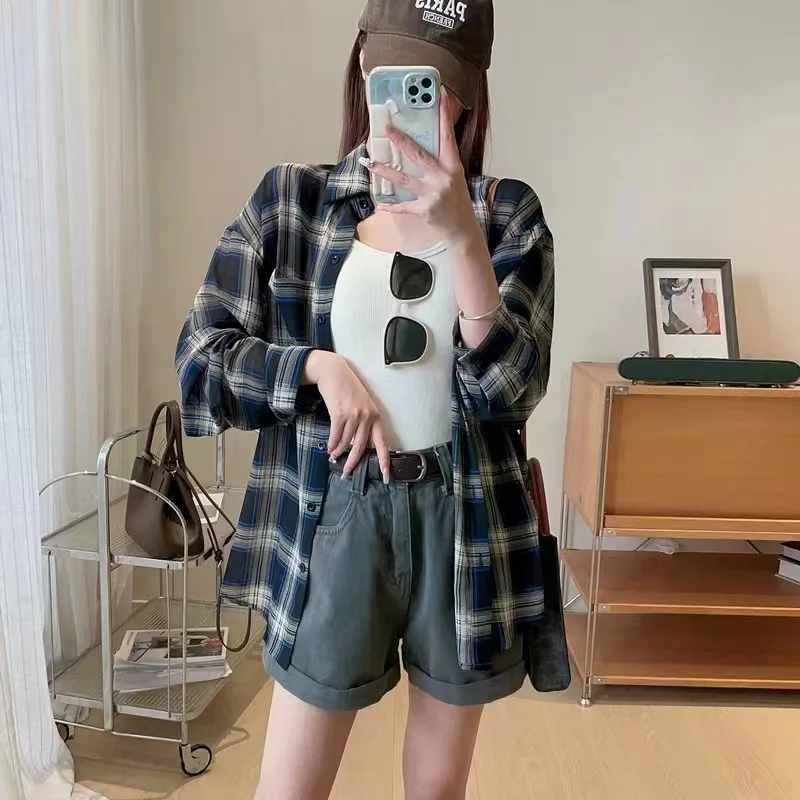 

Autumn Loose Lightweight Plaid Shirts for Women Retro All-Match Contrast Color Long Sleeve Shirt Casual Streetwear Buttons Tops