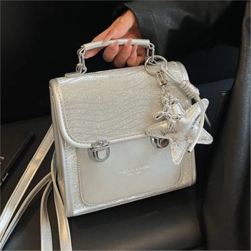 

Harajuku Silver Backpack Women Square Large Capacity Handbag Ladies Academic Style Patchwork Letter Print Y2k Mochilas Mujer New