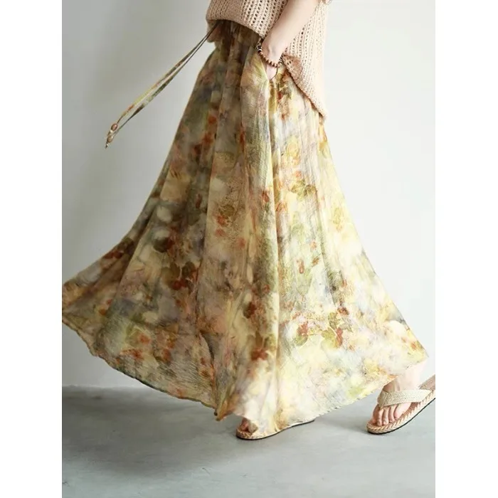 High-End Artistic Summer New Plant Embossing Skirt Wide Hemline Midi Skirt Forest System Women's Fashion Polyester Fiber