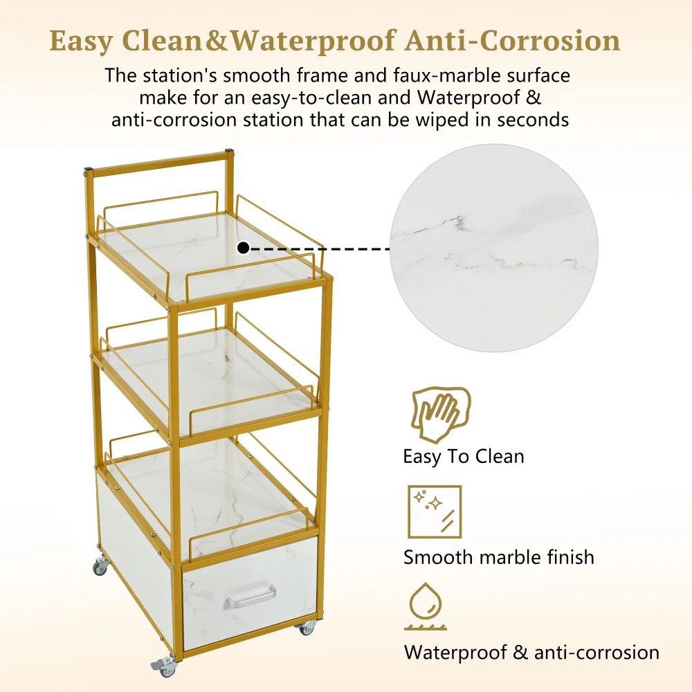 Beauty Salon Storage Trolley Cart, with Lockable Rolling Wheels, Metal Frame Marbled Board, Drawer Barber Salon Furniture, White