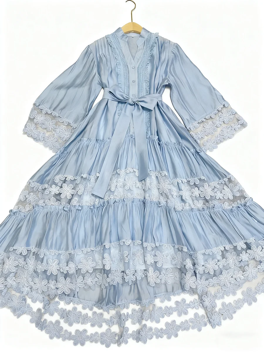 TWOTWINSTYLE Hit couleur pure épissé Appliques robes élégantes pour les femmes col en V demi manches Patchwork champignon plis robe femme