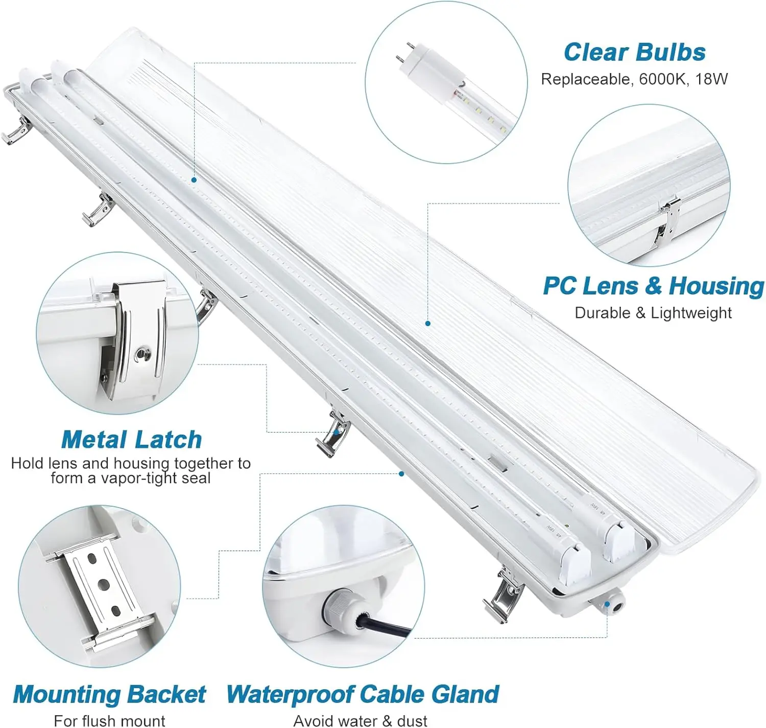 Vapor Proof  Light Fixture, 36 Watt, 4000lm, 6000K (Bright White), Clear Cover, IP65 Waterproof 4' Long Overhe