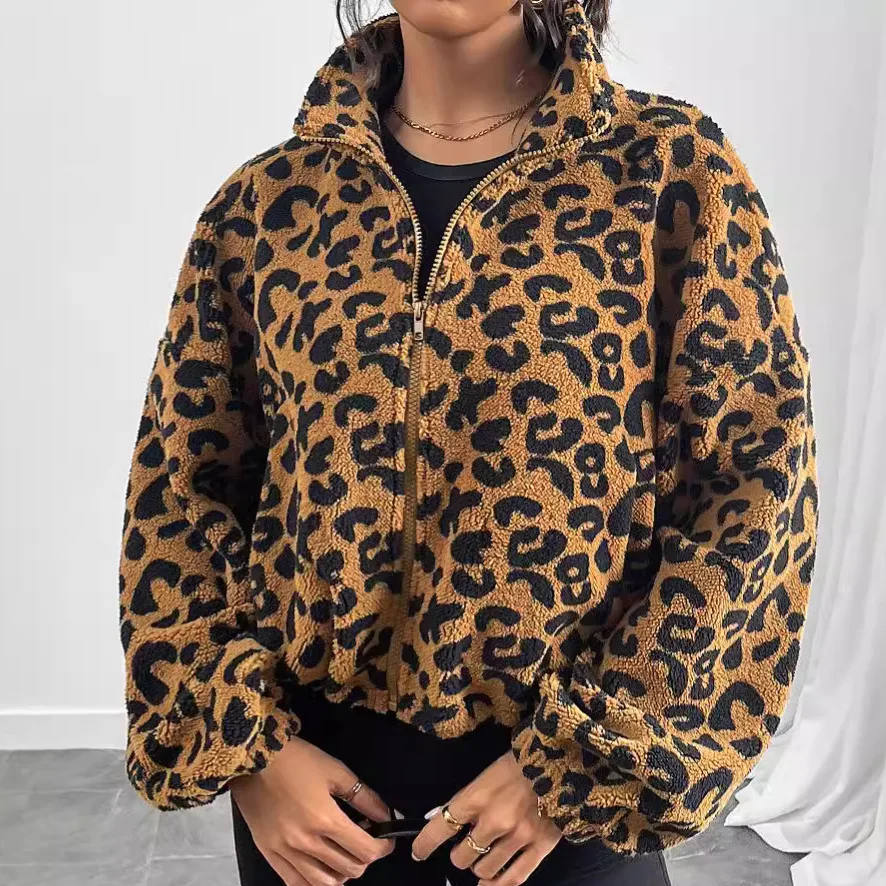 

New Sparkle Fleece Coat Women's Oversized Zip Cardigan Leopard Print Jacket Winter Cozy European Chic Loose Fit Plush Outerwear
