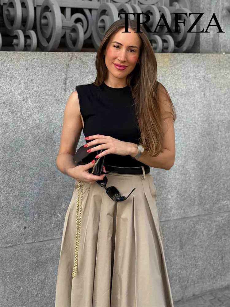 

TRAFZA Women Summer New Fashion Dresses Patchwork O-Neck Sleeveless Belt Decoration Female Casual Slim Pleated Long Dress