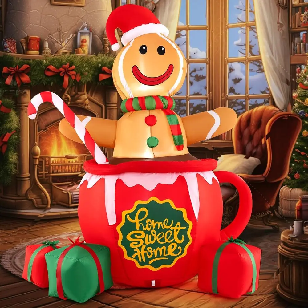 

7-Foot Inflatable Gingerbread Man for Hot Cocoa Mugs, Christmas Decoration with LED Lights for Home, Party, Yard, Garden, Lawn