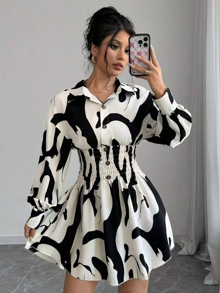 Zadily 2025 Spring Women's Ink Print Shirt Dress Smocked Waist Lantern Sleeve Elegant Casual Work Mini Dress