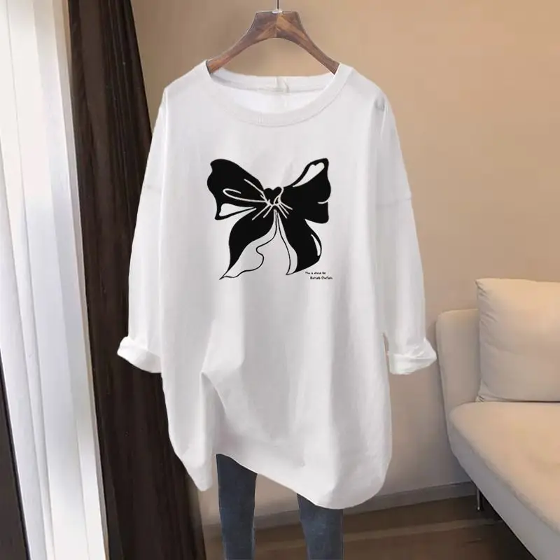 Women Clothing Casual All-match Chic Printing T-shirt Autumn Pure Cotton Loose O-neck Long Sleeve Pullover Office Lady Chic Tops