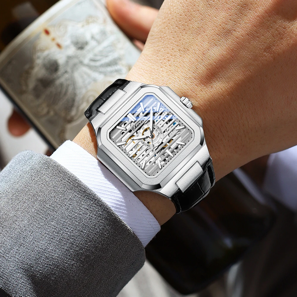 CHENXI ساعة رجالية ميكانيكية الراقية مربع الطلب الرجال الساعات التلقائي بالكامل جوفاء ساعات المعصم هدايا الذكور