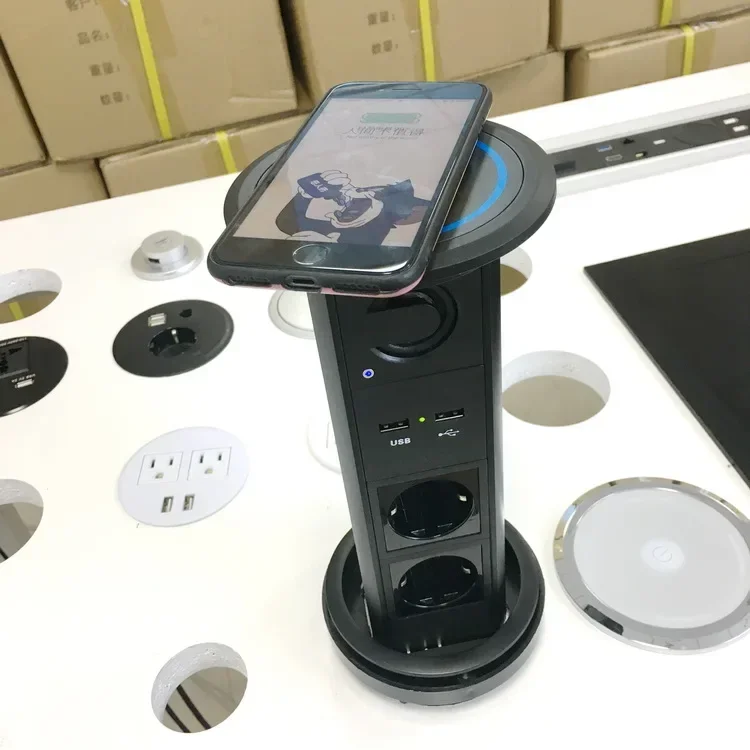 2025 Automatic LED Motorized Pop Up Power Point Outlet Socket with USB Charging Retractable Hidden Recessed Sealed for Kitchen