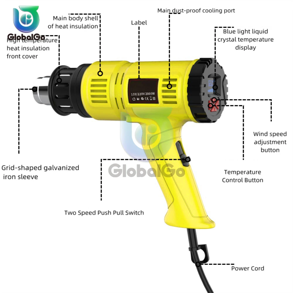 2000W 220V/110V EU/US Plug Industrial Electric Hot Air Gun Thermoregulator LCD Heat Guns Shrink Wrapping Thermal Heater Nozzle