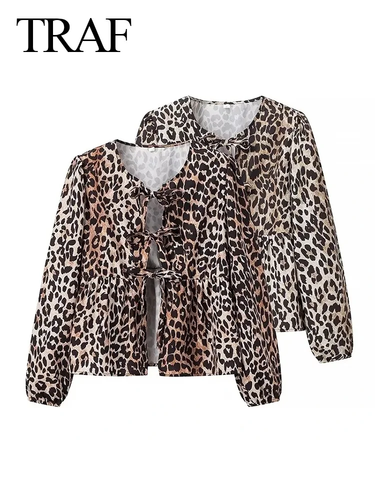 TRAF 2024 Women Fashion Lace Up Leopard Blouse Women Long Sleeve Spliced Casual Loose Cardigans Shirts Female Chic Tops