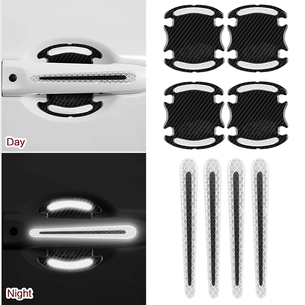 

One Set (8pcs) White Reflective Car Stickers Anti-Scratch Car Accessories Badge Door Handle Protector Film