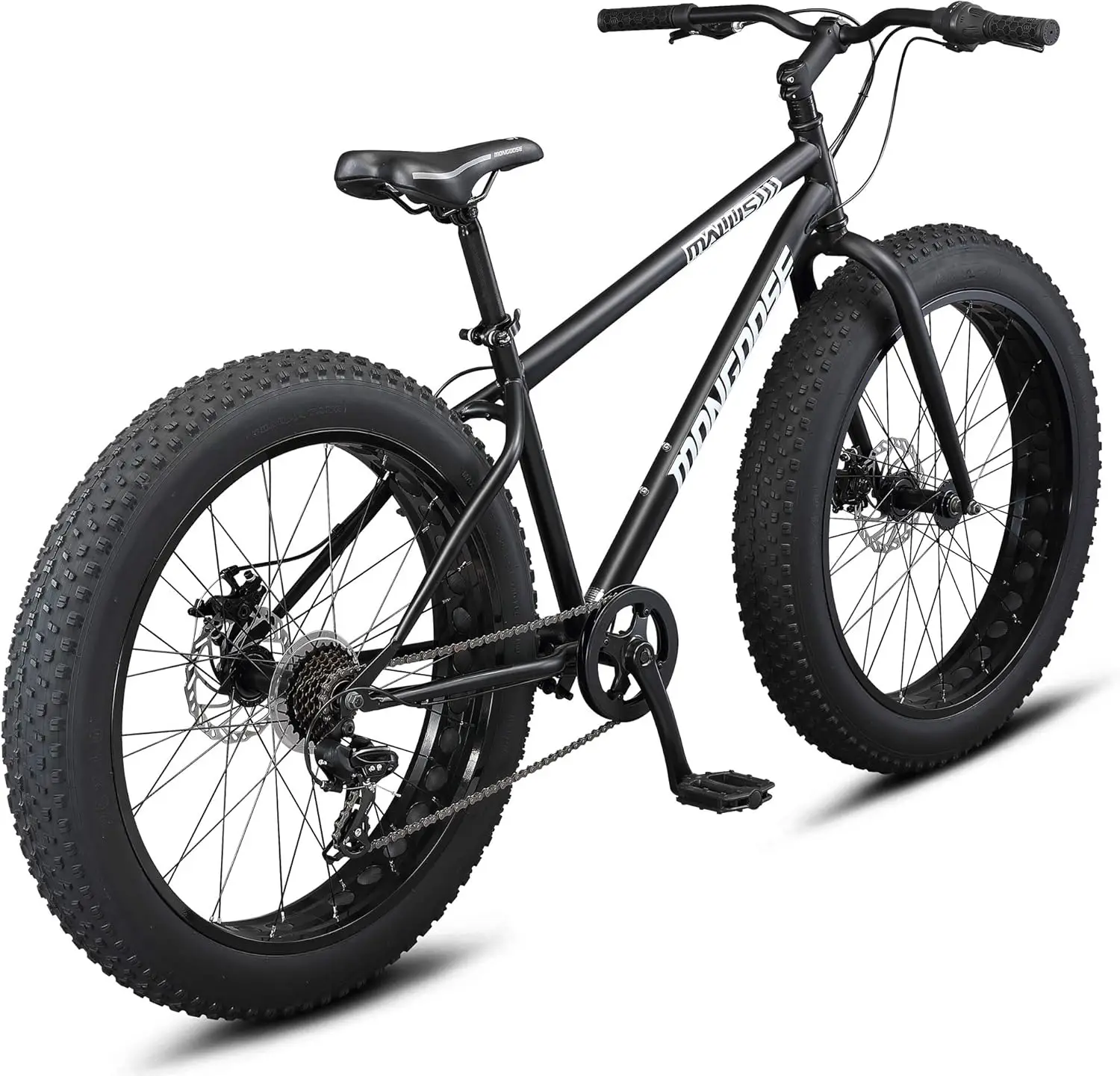 Malus Mens and Women Fat Tire Mountain Bike, 26-Inch Bicycle Wheels, 4-Inch Wide Knobby Tires, Steel Frame, 7 Speed Drivetrain,