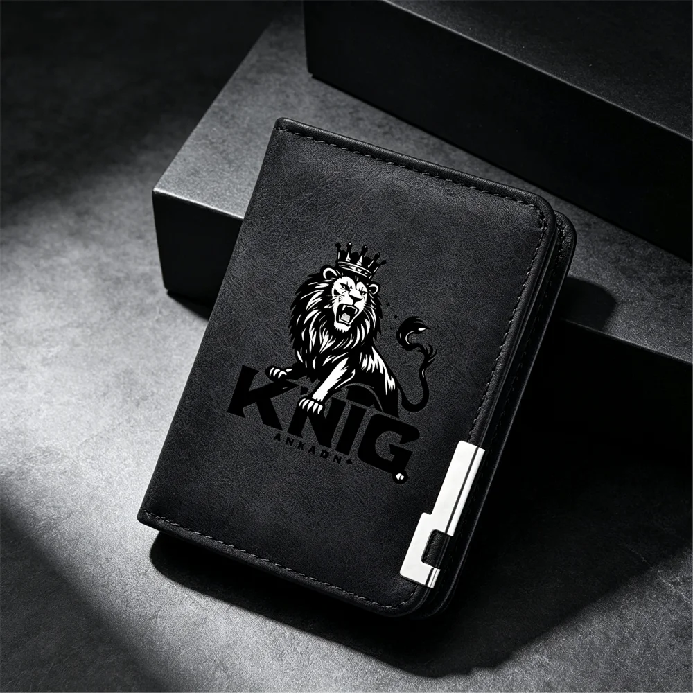 Herren Retro PU Ultra-Dünne Doppelfalt-Geldbörse Königlicher Löwen-Stil Kronen-Muster Kreditkartenfächer Tragbare Jugend-Mini-Geldbörse
