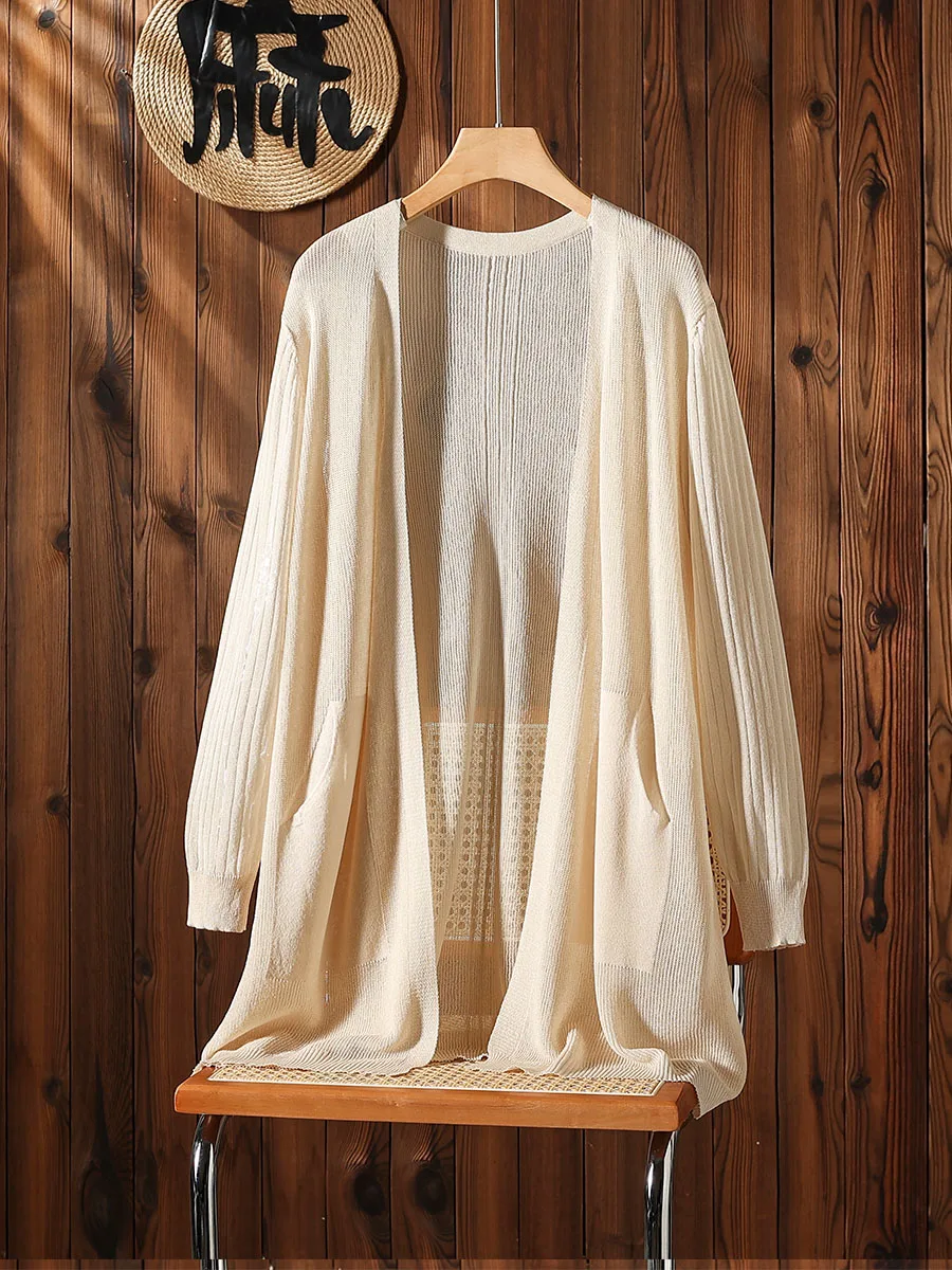 High Quality Medium Length Knitted Cardigan, Thin Women\'s Summer Vacation Sun Protection Outer Layer Shawl Ice Silk Top