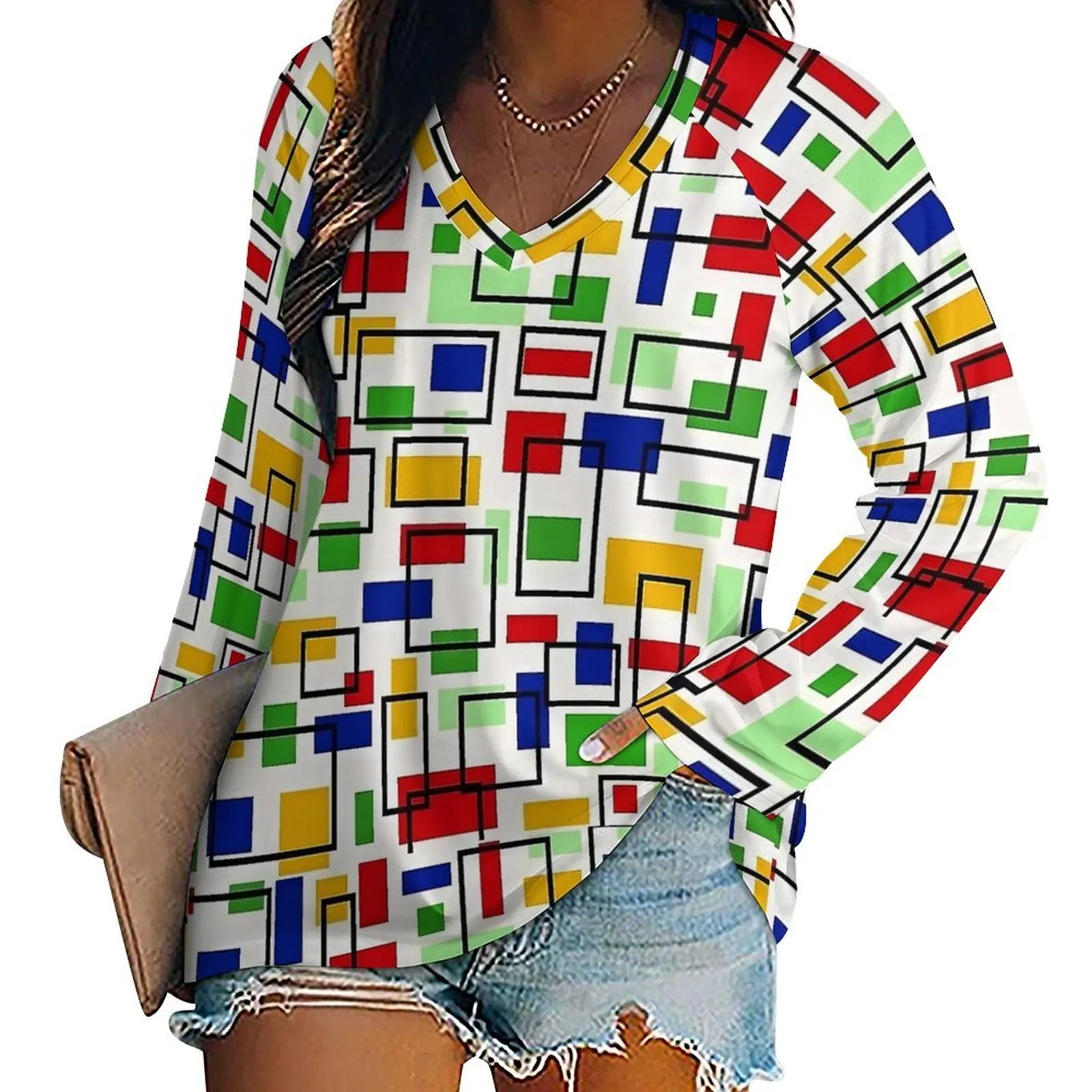 Colorful Mondrian Print T Shirts  Modern T Shirt Female Long-Sleeve Street Fashion Tops Oversized V Neck Pattern Tees