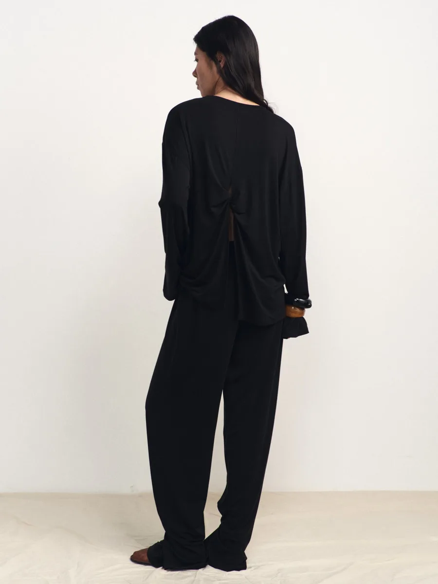 DFDG Women 2026 Soft Knit Loungewear Set Crew Neck Oversized Long Sleeve Top High Waist Wide Leg Pants Loose Casual Matching Set