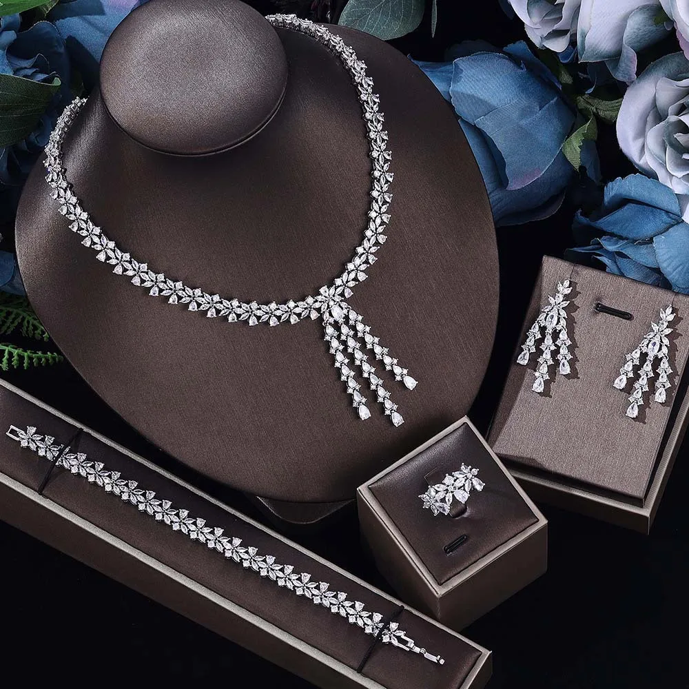 Luxury 4Pcs Bridal Jewelry Set For Women Cubic Zirconia Dubai Necklace Earring Set For Wedding Bride Prom Necklace Set Jewellery