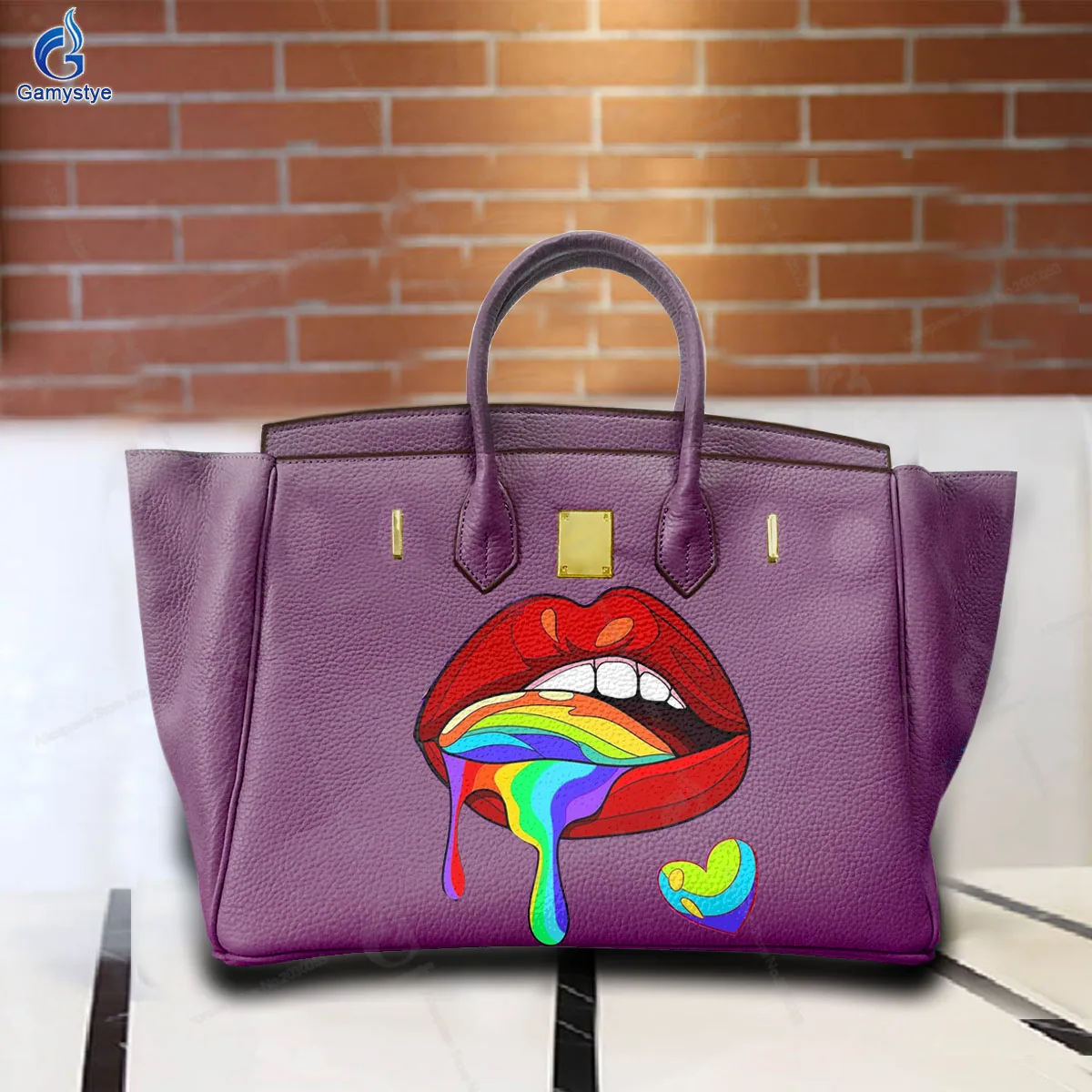 Personalizar bolso Art Printed Red lips and colorful love Bags Women Bags Messenger Crossbody Handbags 100% Real Cowhide Leather