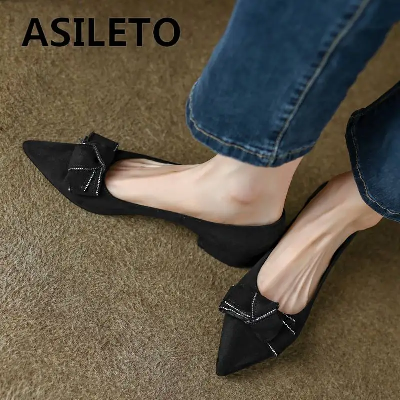 ASILETO Brand Women Shoes Pointed Toe Flock Slip On Bowknot Big Size 40 41 42 43 Soft Daily Ladies Flats