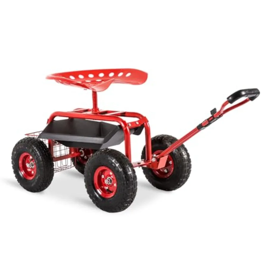 

Gardening Workseat - Rolling Garden Cart Work Seat w/360 Degree Swivel Adjustable Seat, Storage Basket, Steering Handle, 4 Whee