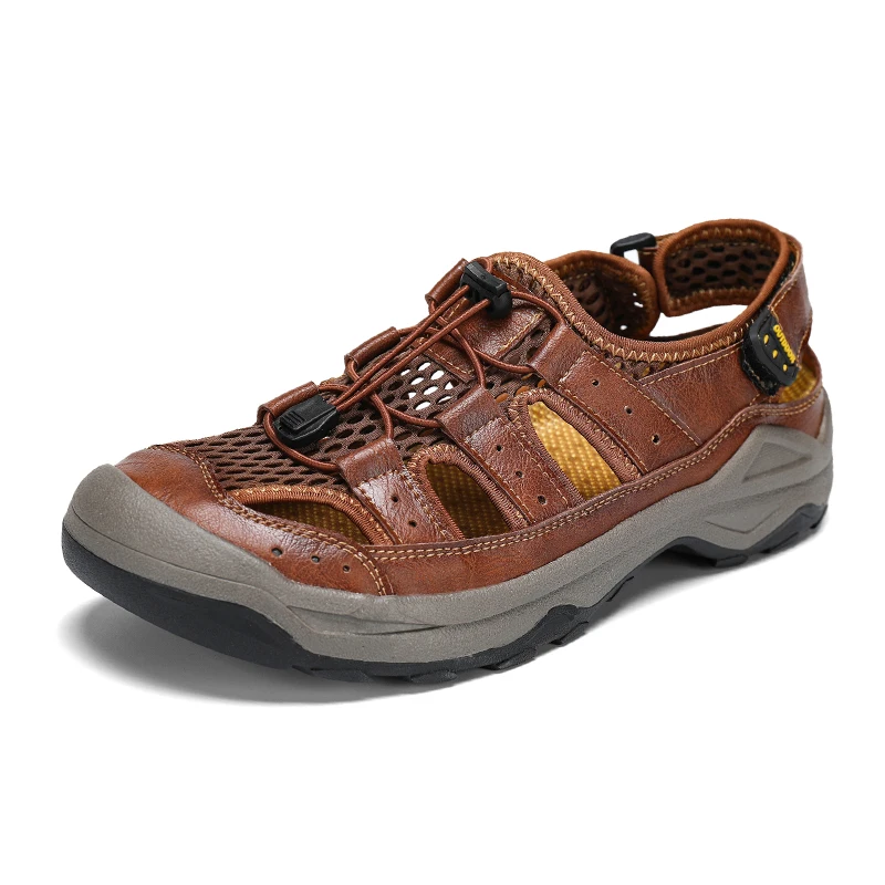 New Summer Genuine Leather Men Sandals Fashion Design Breathable Casual Shoes Men Soft Bottom Outdoor Beach Sandals Big Size 46