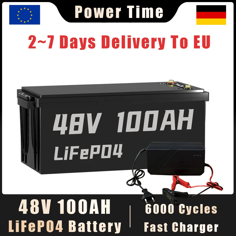 

48V 100Ah LiFePO4 Battery Built-in 100A BMS + Charger EU Stock For Solar Household Storage inverter system RV Golf Cart