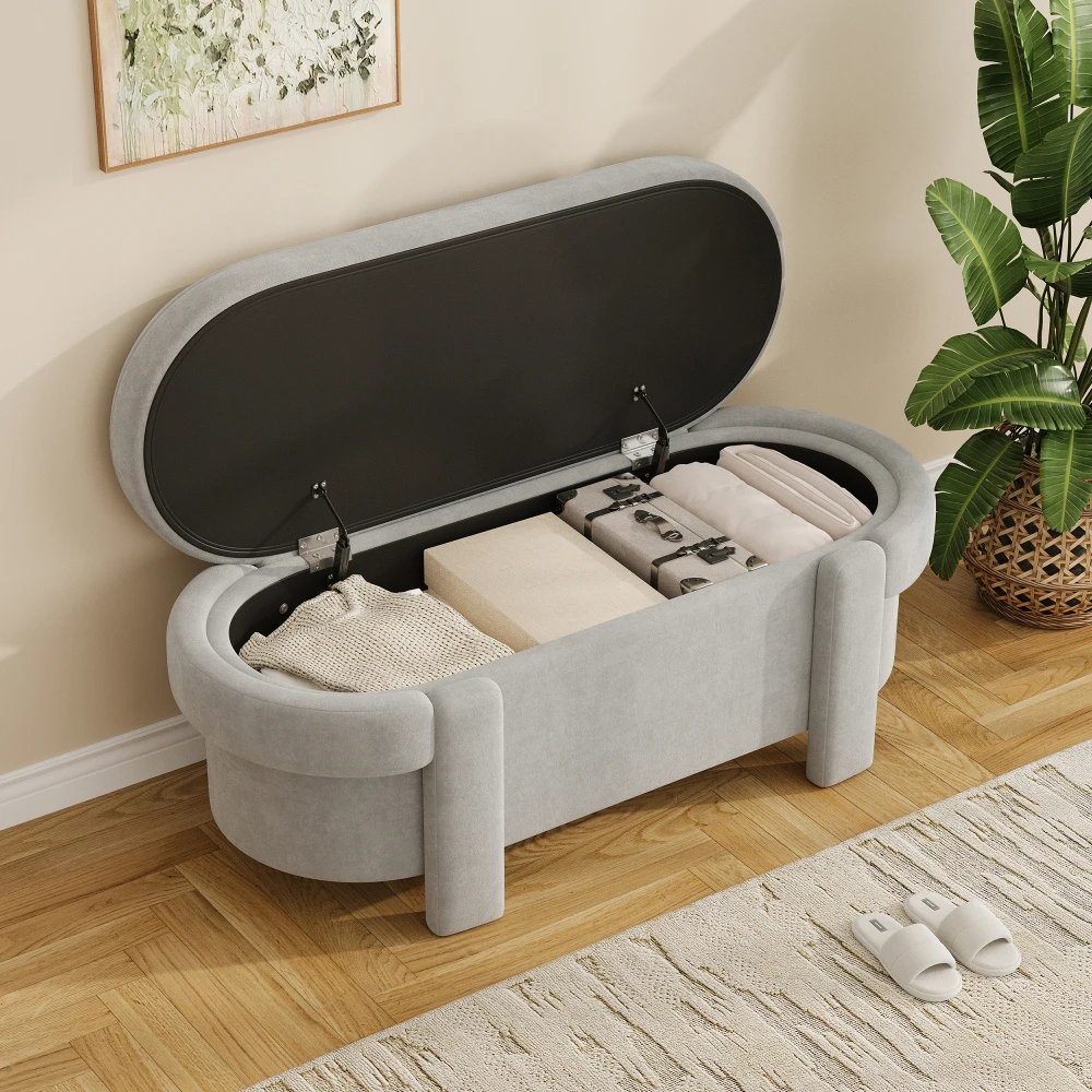 PINGGO Graue Gepolsterte Aufbewahrungsbank mit Deckel 121,5x49x44,5cm Fleece-Sitzbox für Wohnzimmer Schlafzimmer – Detail 8