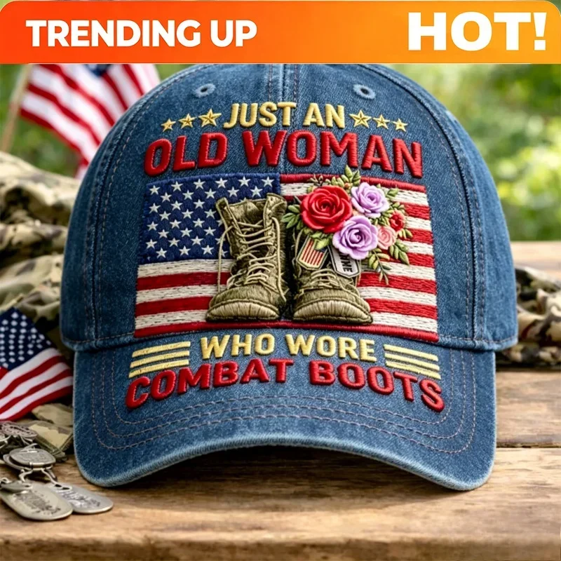 Custom Hats Vintage Washed Just An Old Woman Who Wore Combat Boots Themed Adjustable Hat Collectible Patriotic Female