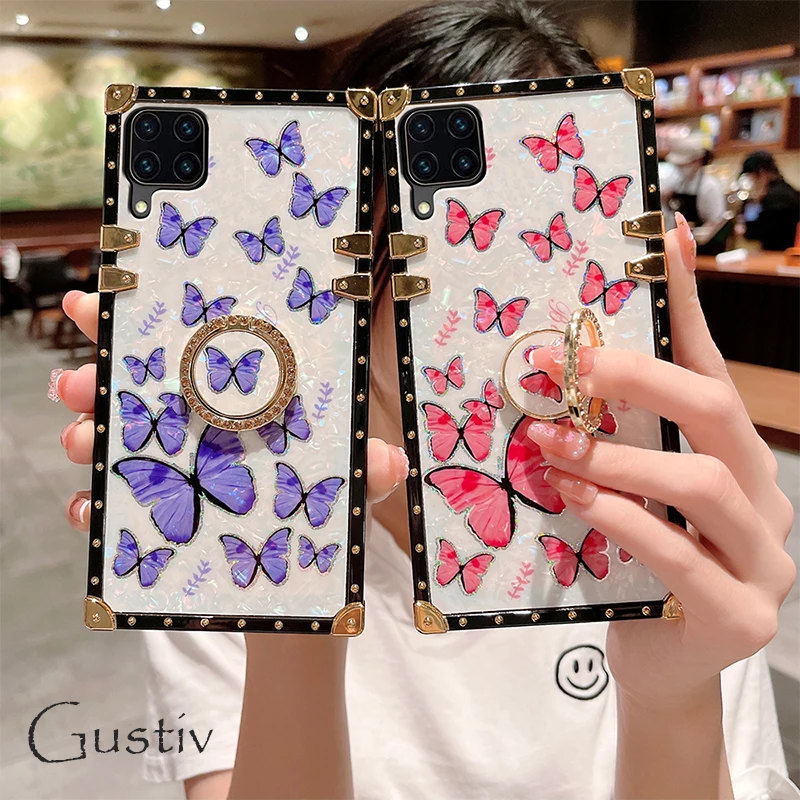 

Square Phone Case For Huawei NOVA11PRO 10SE 9SE 8Pro 7SE Luxury Butterfly Pattern Golden Plaid Bracke Cover Finger Ring Holder