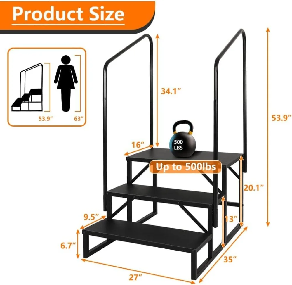 Escaleras RV de 3 escalones con pasamanos: escalones portátiles antideslizantes para camper, remolque de viaje, jacuzzi y uso en exteriores (negro)