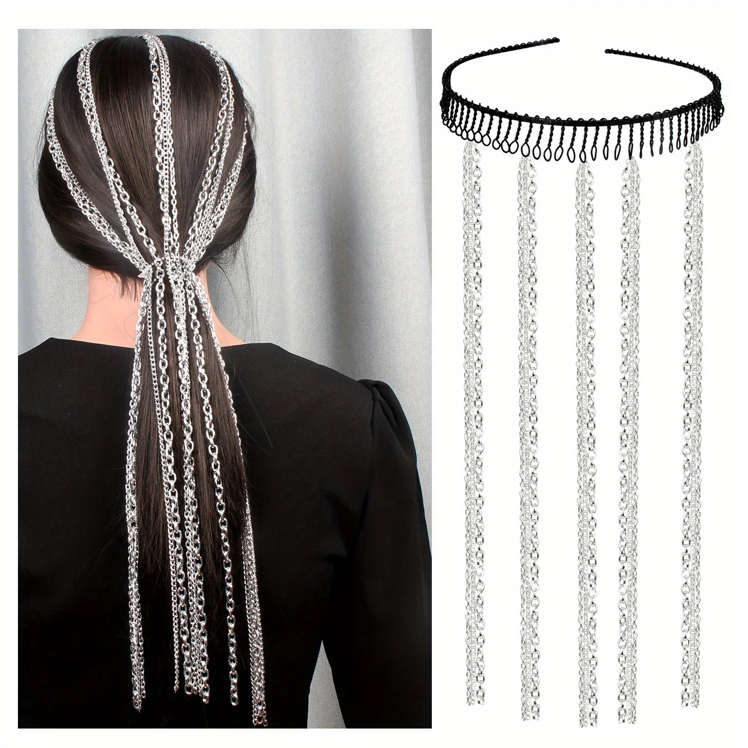 

Bling Silver Long Tassel Headband Hair Chain Punk Hair Hoop Bridal Jewelry for Women Girls Wedding Party Hair Accessories