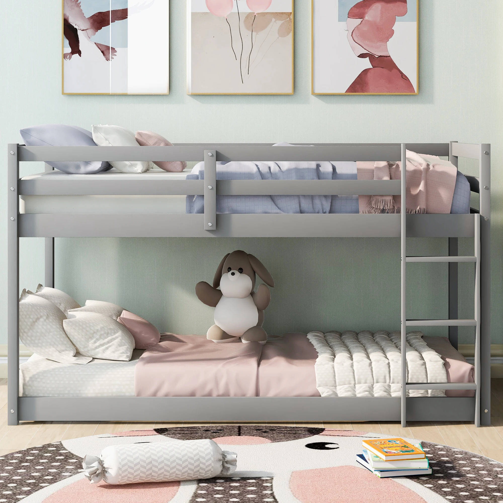 High-quality Twin over Twin Floor Bunk Bed with Ladder in Gray Wood Finish