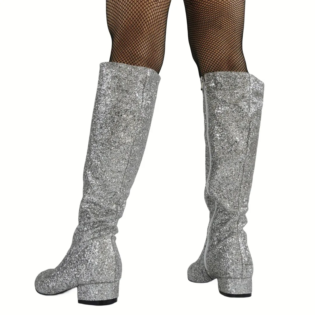 Sexy Style Bling Greet Round Toe Knee High Women Boots Chunky Low Heels Side Zipper Design Large Size Handmade Shoes