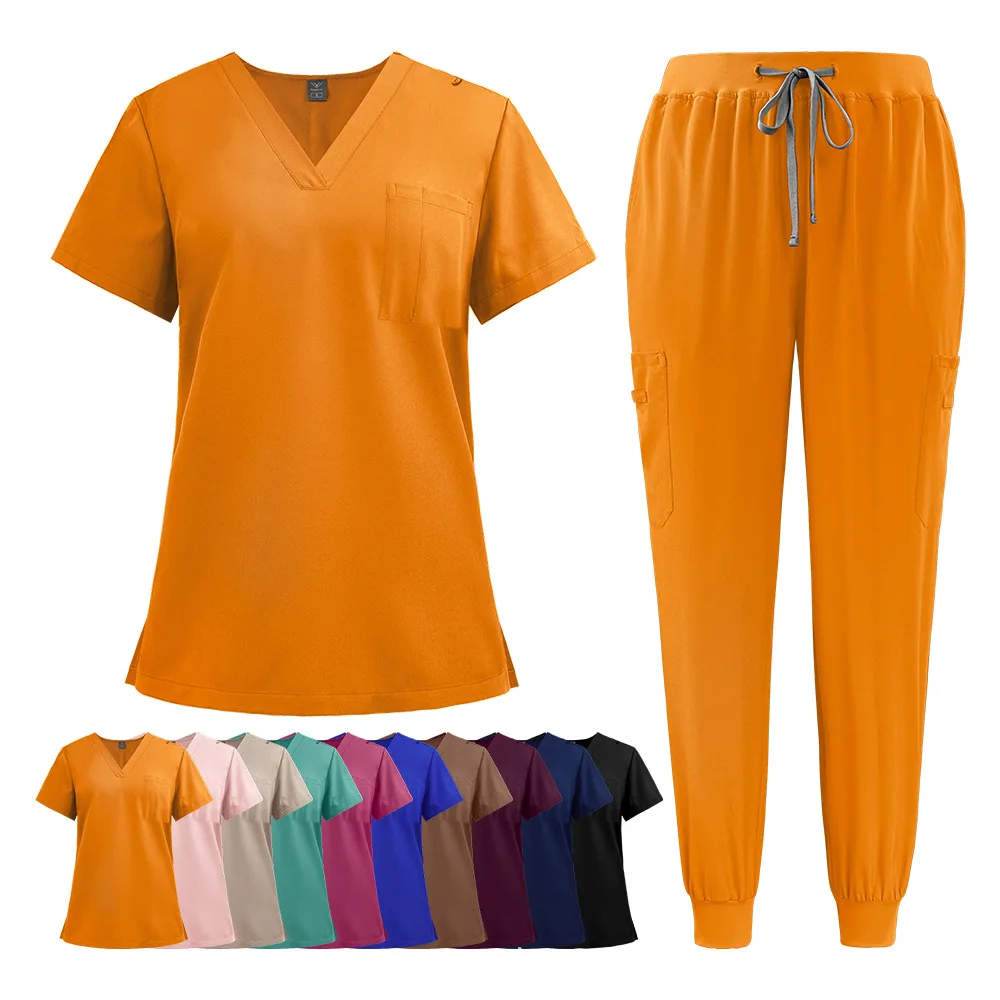 Unisex Quick Dry Scrub Set V Neck Short Sleeve Top with Chest Pocket and Drawstring Jogger Pants медицинский костюм унисекс