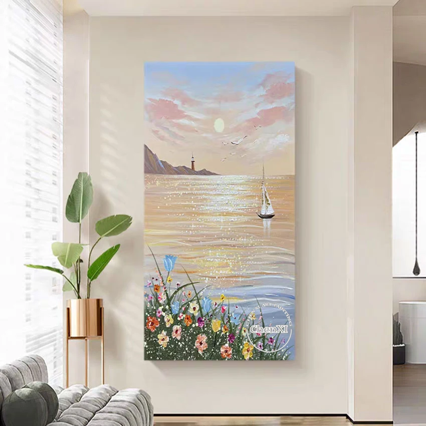 Beautiful Lake Scenery Wall Decor Picture Art Hand-painted Sunrise Landscape Oil Painting Modern Decor Murals Art For Hotel