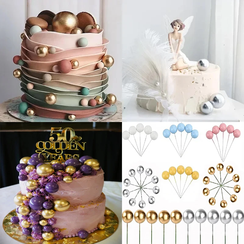 10Pcs Cake Ball Topper DIY Metal Silver Gold Different Size Colorful Balls Cake Toppers Brithday Wedding Christmas Baking Decor