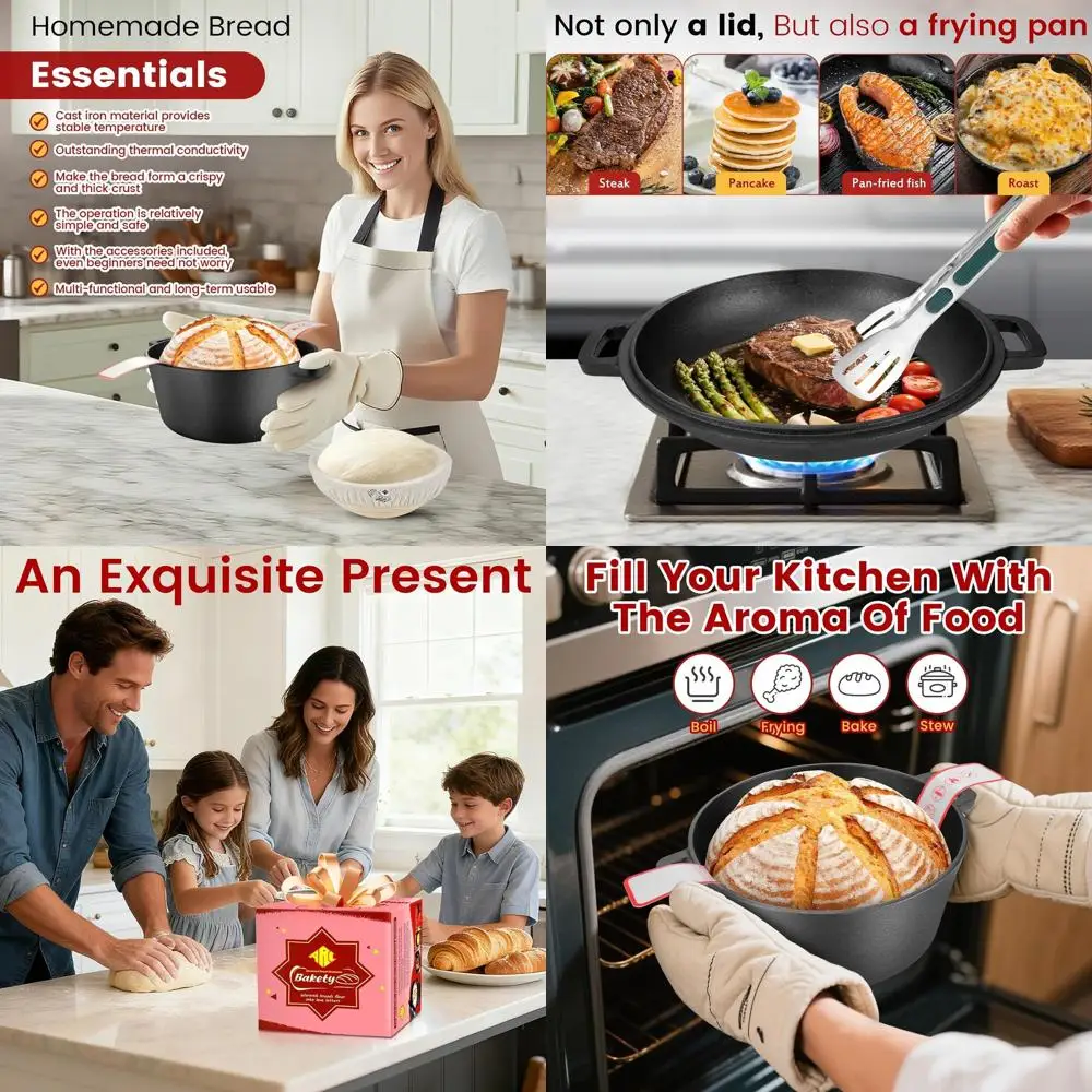 

Sourdough Bread Baking Kit with Cast Iron Dutch Oven, Proofing Basket, and Lame, Ideal for Braising, Frying, Bread Oven